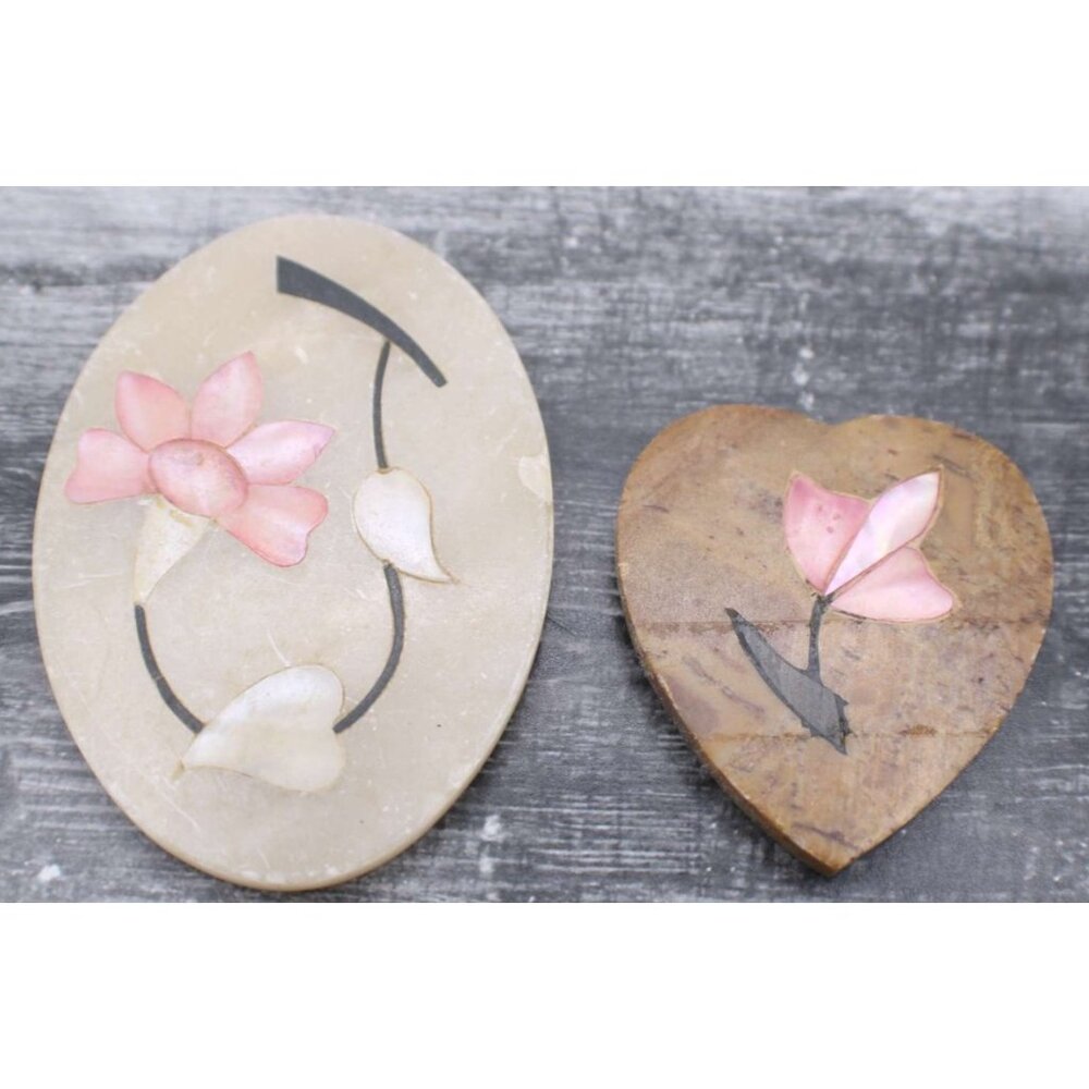 Soapstone Abalone MOP ShelI Inlay Trinket Lids Only Oval Heart Floral Craft Vtg